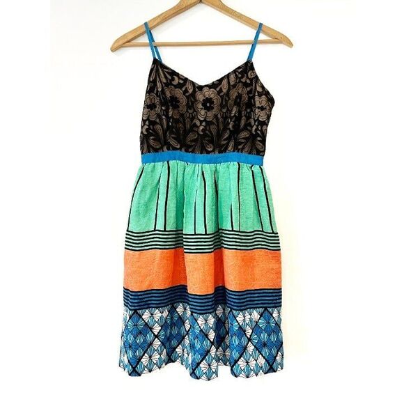 Tracy Reese Easy Frock Mosaic Stripe Fit Flare Dress 4P Silk Linen - Picture 2 of 10